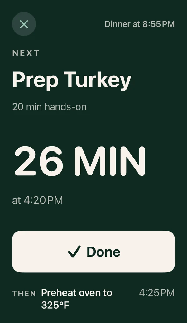 Cook Mode: the next step, Prep Turkey, in large type with a 26-minute countdown and a Done button