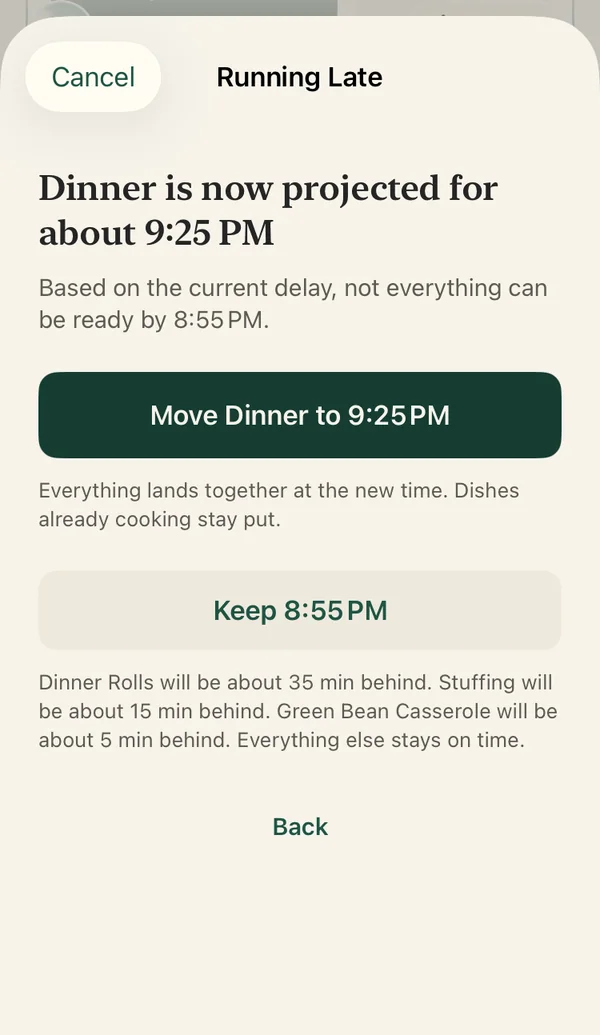 Running Late: dinner is now projected for 9:25 PM, with options to move dinner or keep the time